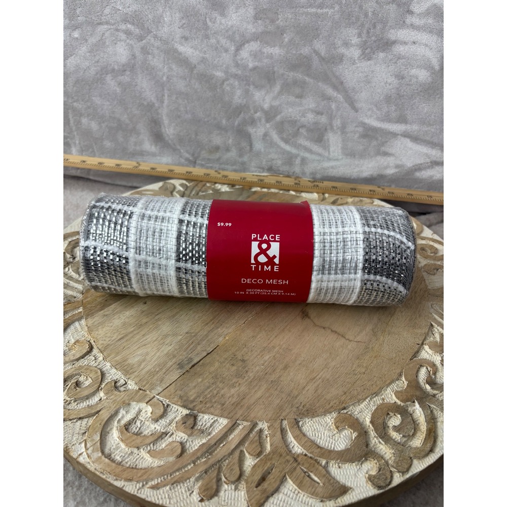 Place & Time Deco Mesh Silver White Black Plaid 10in x 30ft Holiday Ribbon NEW